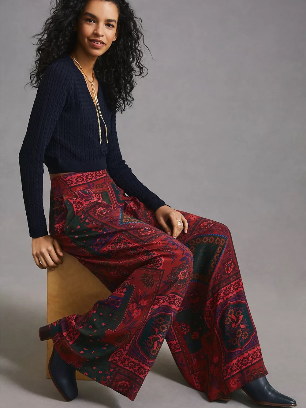 NWT Farm Rio Wide-Leg Pants Bohemian Folk Textile Patchwork Ethnic Red Size M - Picture 6 of 6